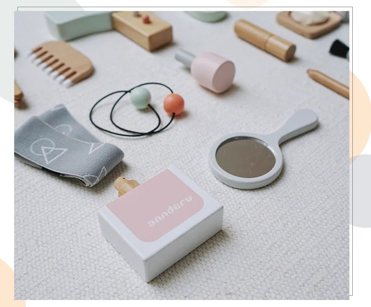 Kids Makeup Set Wooden Pretend Play Cosmetic Toy With Carry Bag Eco Friendly Hairdressing Kit Holiday Gift 2025
