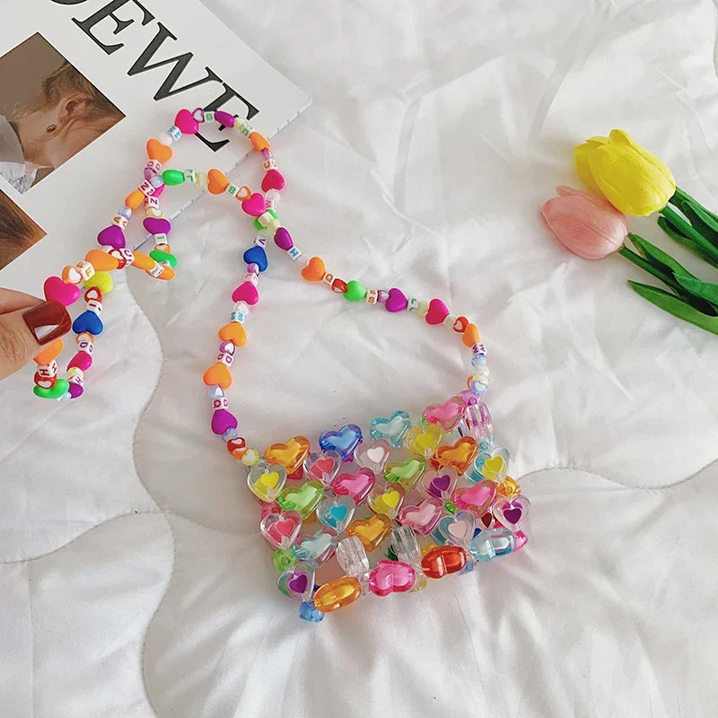 Beaded Bag Heart Bead Mini Shoulder Bag Handwoven Jelly Colorful Purse Summer 2025 Trendy Gift Accessory
