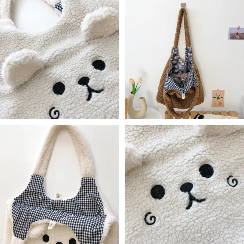 Tote Bag Soft Plush Cartoon Embroidery Shoulder Bag Winter 2025 Cozy Faux Lamb Hair Shopper Gift