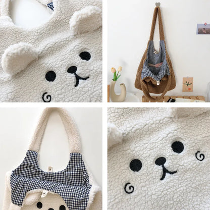Tote Bag Soft Plush Cartoon Embroidery Shoulder Bag Winter 2025 Cozy Faux Lamb Hair Shopper Gift