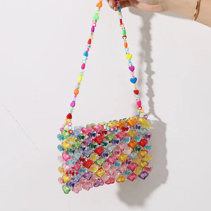 Beaded Bag Heart Bead Mini Shoulder Bag Handwoven Jelly Colorful Purse Summer 2025 Trendy Gift Accessory