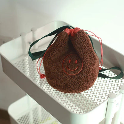 Kids Shoulder Bag Polar Fleece Drawstring Organizer Korean Hanging Storage Pouch Back to School Fall 2025 Space Saving