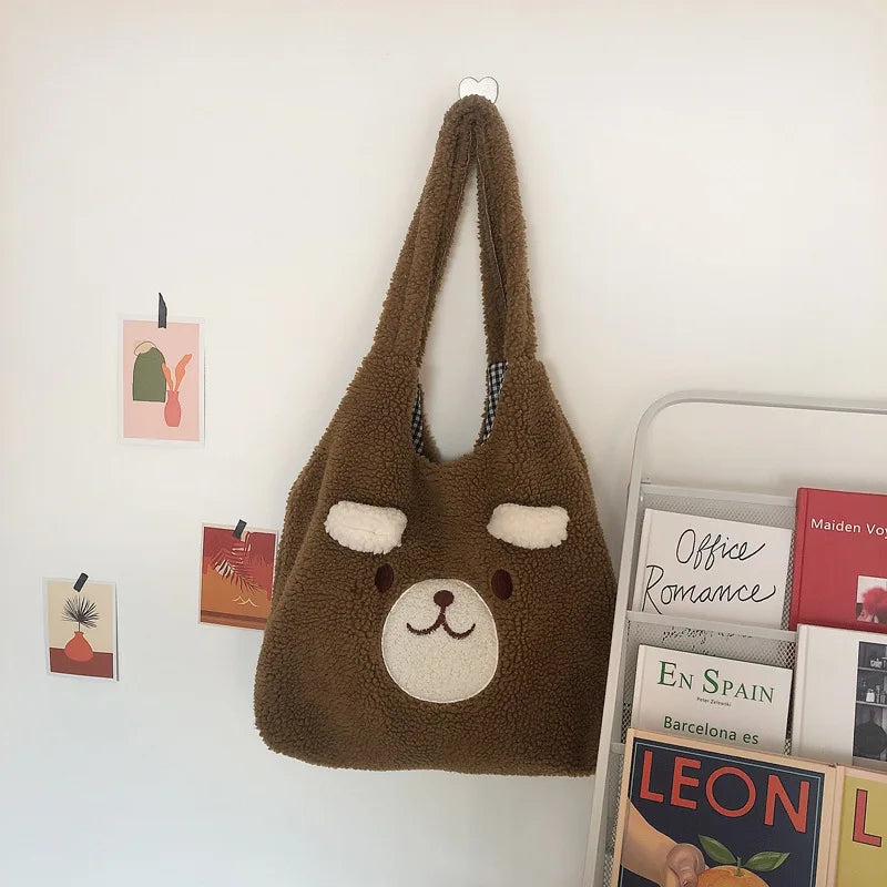 Tote Bag Soft Plush Cartoon Embroidery Shoulder Bag Winter 2025 Cozy Faux Lamb Hair Shopper Gift