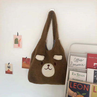 Tote Bag Soft Plush Cartoon Embroidery Shoulder Bag Winter 2025 Cozy Faux Lamb Hair Shopper Gift