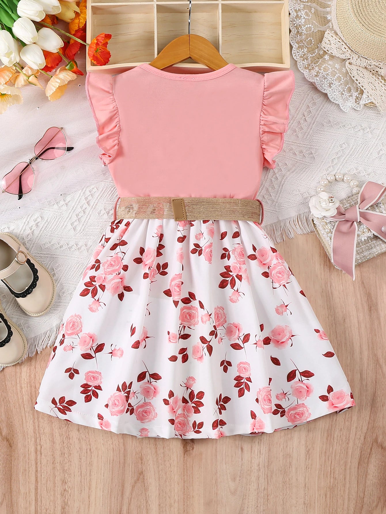 Feature focus detail of the girls floral ruffle sleeve dress with belt - view 2
