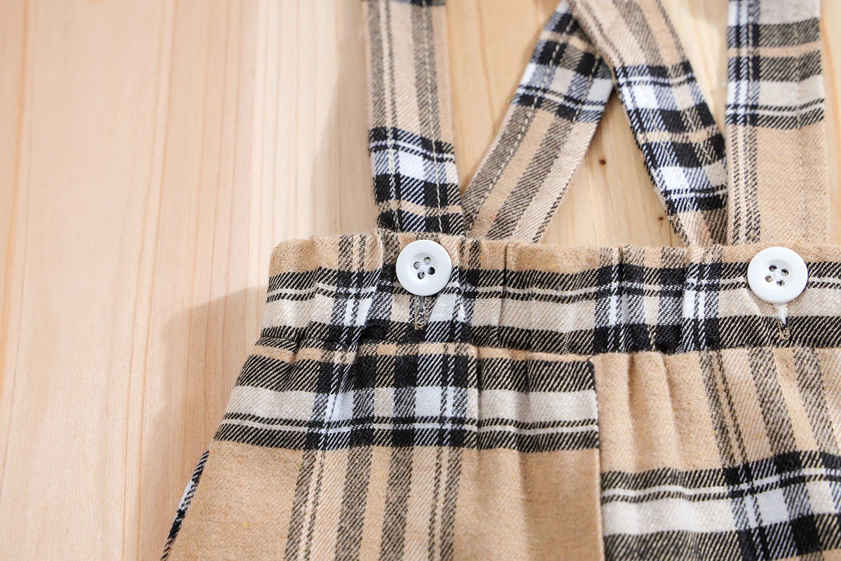 Side view of baby boys plaid bear bodysuit & trousers set