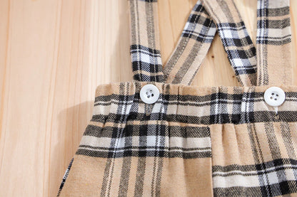 Side view of baby boys plaid bear bodysuit & trousers set