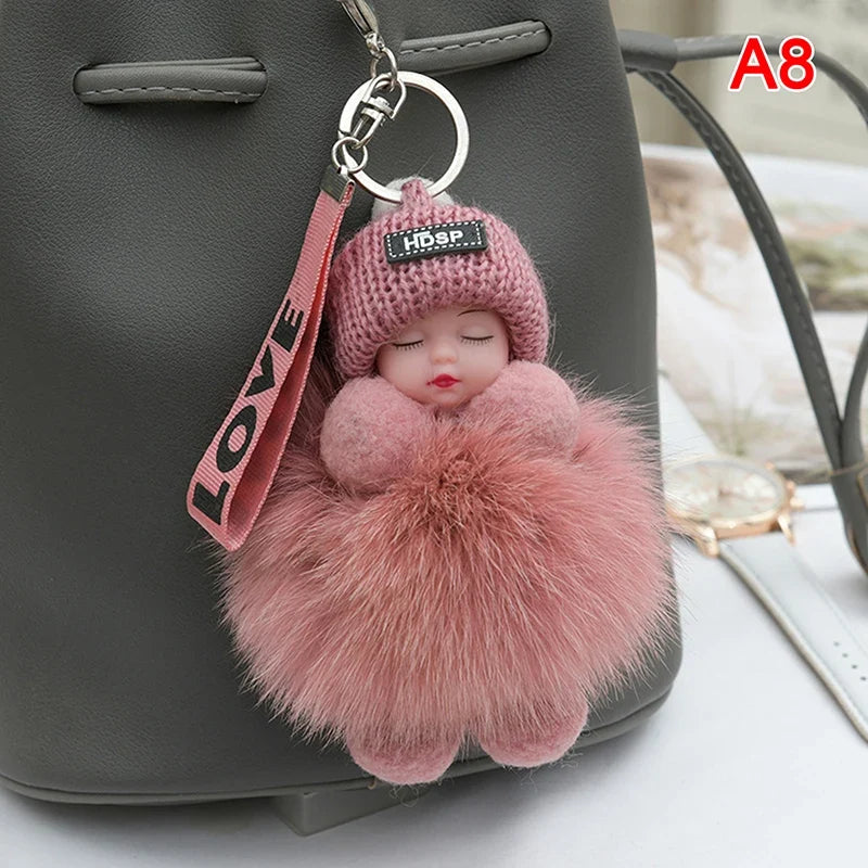 Pompom Sleeping Baby Keychain Plush Bag Charm Cute Gift