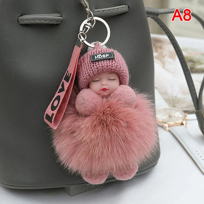 Pompom Sleeping Baby Keychain Plush Bag Charm Cute Gift