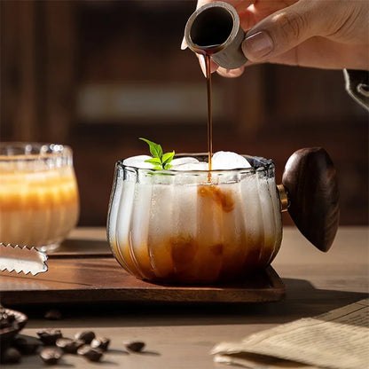 Stripe Heat-resistant Glass Coffee Mug 200ml with Wooden Handle for Latte, Milk, Tea