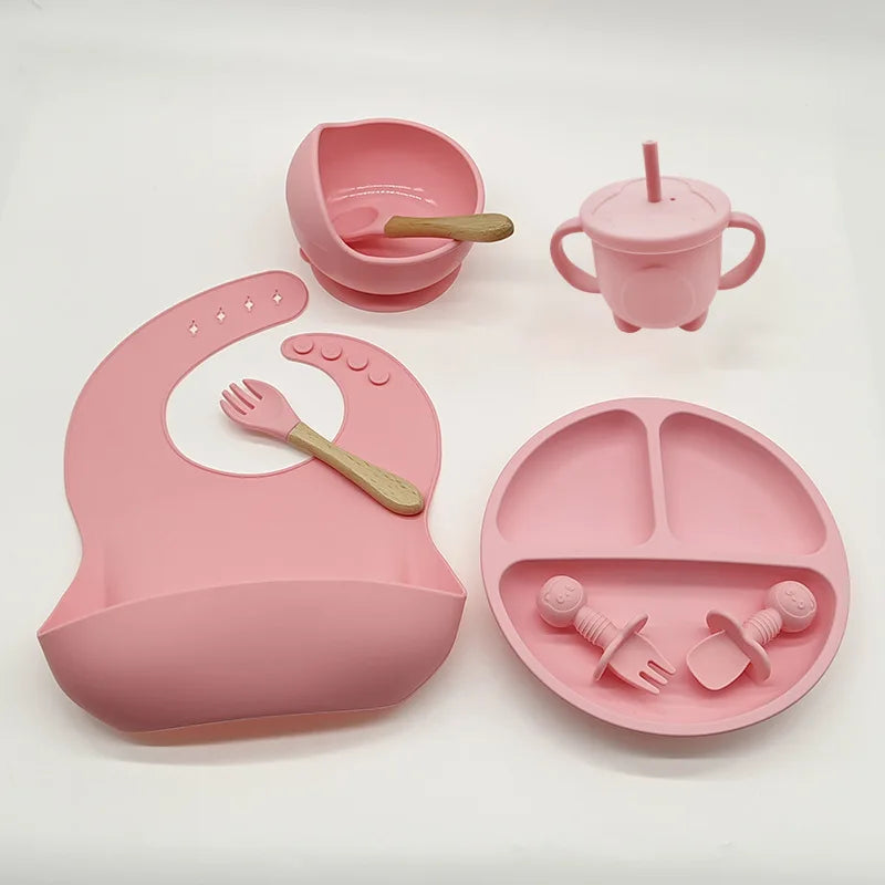 Baby Silicone Tableware Set 8 Piece Suction Bowls Divided Plate Bib Spoon Fork Fall 2025 Self Feeding Aid