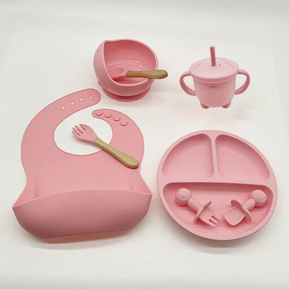 Baby Silicone Tableware Set 8 Piece Suction Bowls Divided Plate Bib Spoon Fork Fall 2025 Self Feeding Aid