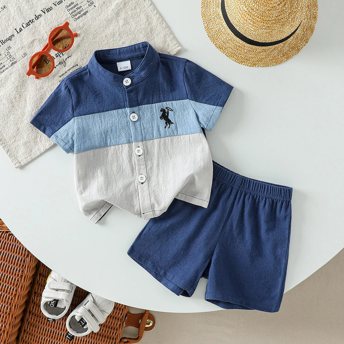 Patchwork design short sleeve shirt and matching shorts for baby boys