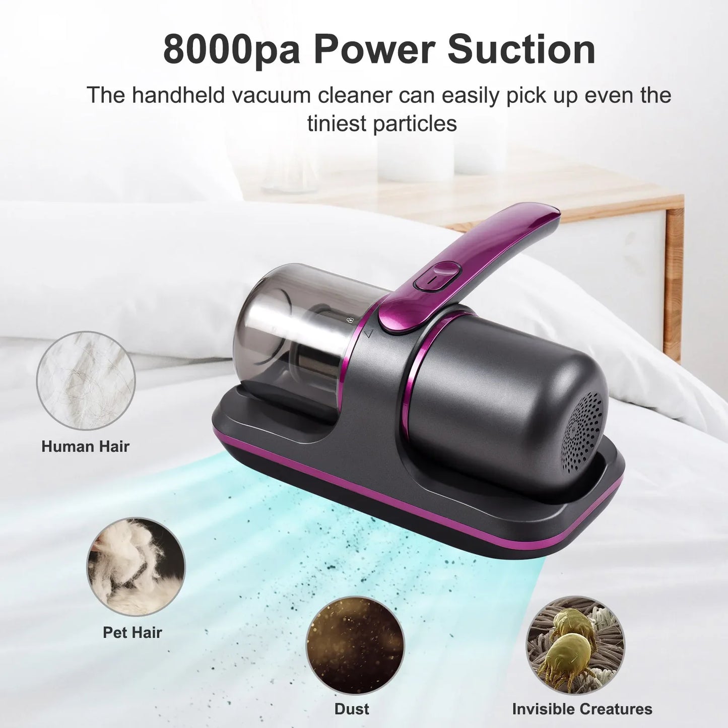 Compact Mattress Vacuum Cleaner 100W Cordless UV Bed Cleaner 8000Pa Strong Suction