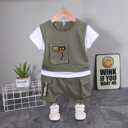 Back view of boys summer casual t-shirt & shorts set