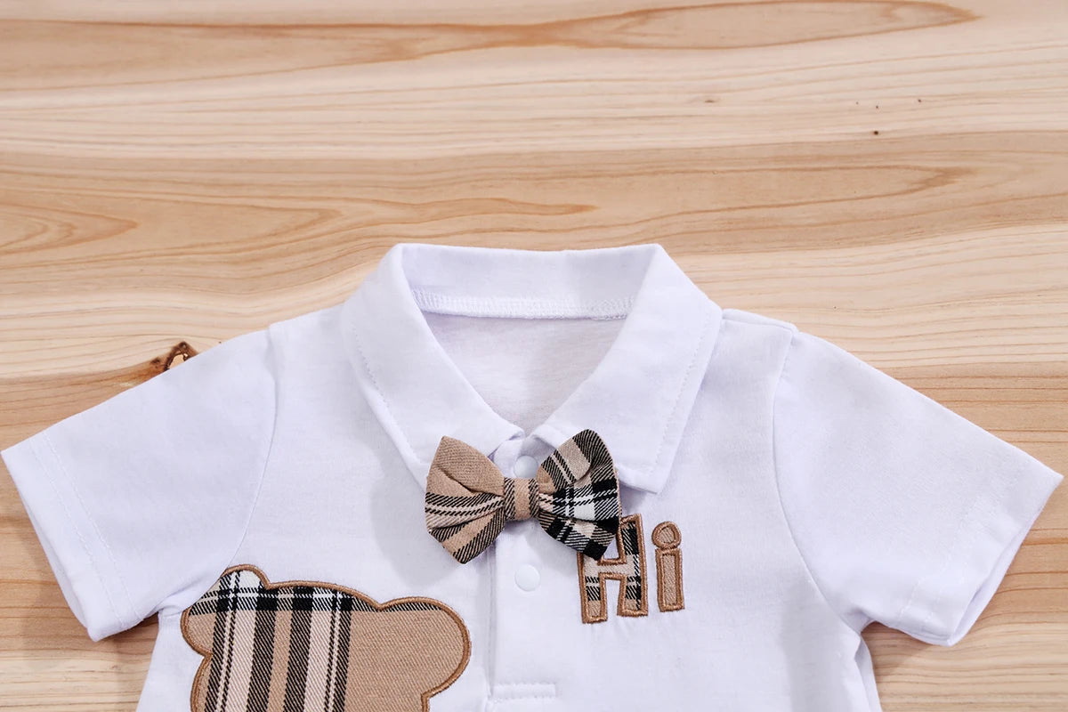 Side view of baby boys plaid bear bodysuit & trousers set