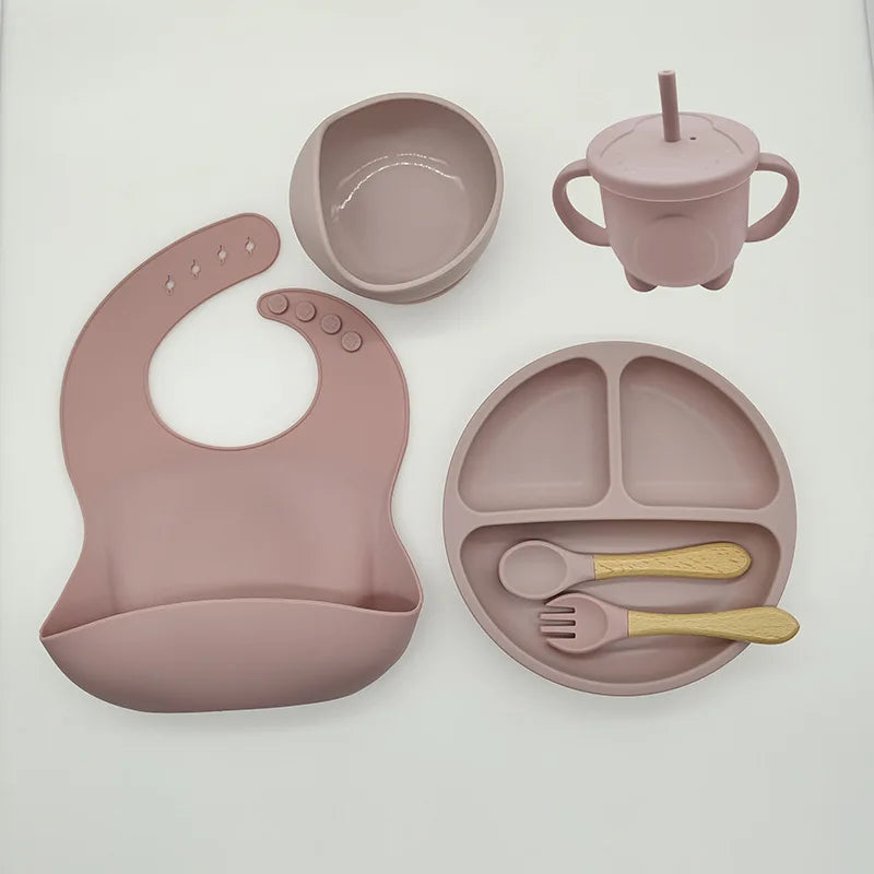 Baby Silicone Tableware Set 8 Piece Suction Bowls Divided Plate Bib Spoon Fork Fall 2025 Self Feeding Aid