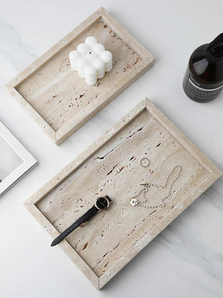 Vanity Tray Travertine Stone Minimalist Marble Style Tray Beige Organizer Fall 2025 Coffee Table Decor Gift
