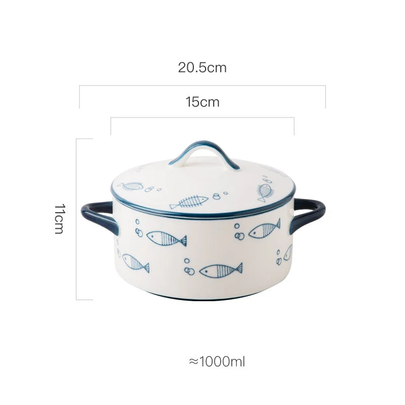 Ceramic 1000ml Covered Noodle Bowl Microwave Safe With Lid