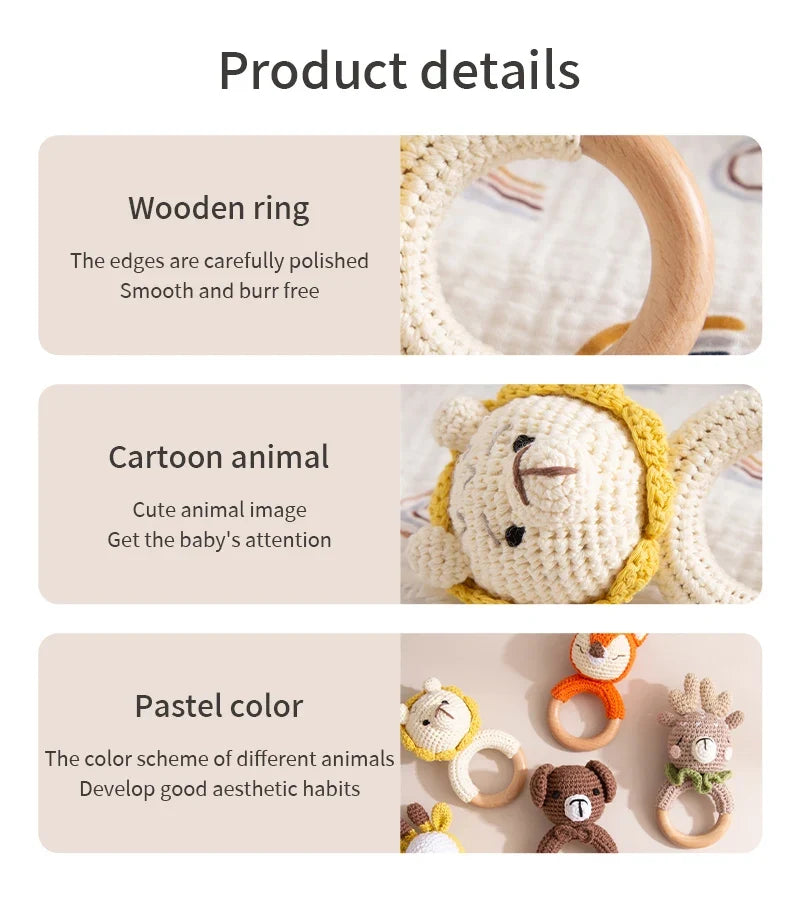 Wooden Crochet Animal Teether Rattle Newborn Sensory Toys