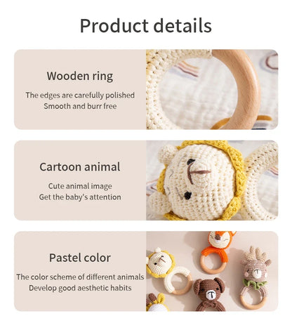 Wooden Crochet Animal Teether Rattle Newborn Sensory Toys