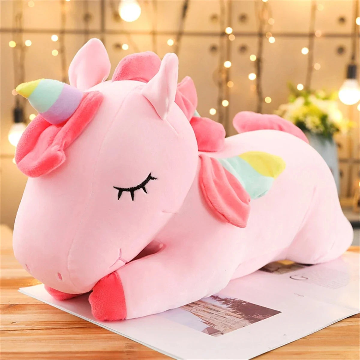 25CM Lying Unicorn Plush Toy - Soft Cute White Pink Horse for Kids Girls Birthday Gift