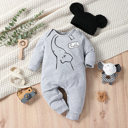 Baby boys long-sleeve jumpsuit with Hello print and matching hat