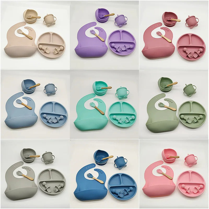 Baby Silicone Tableware Set 8 Piece Suction Bowls Divided Plate Bib Spoon Fork Fall 2025 Self Feeding Aid