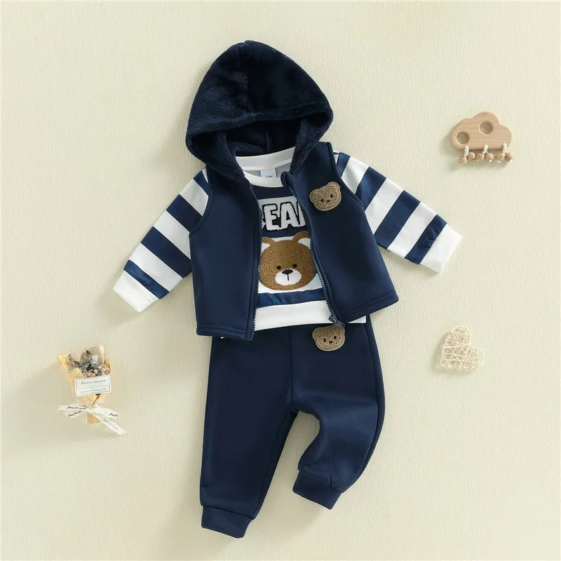 Baby boys bear embroidery sweatshirt, jogger pants and vest coat set
