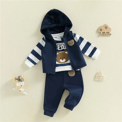 Baby boys bear embroidery sweatshirt, jogger pants and vest coat set