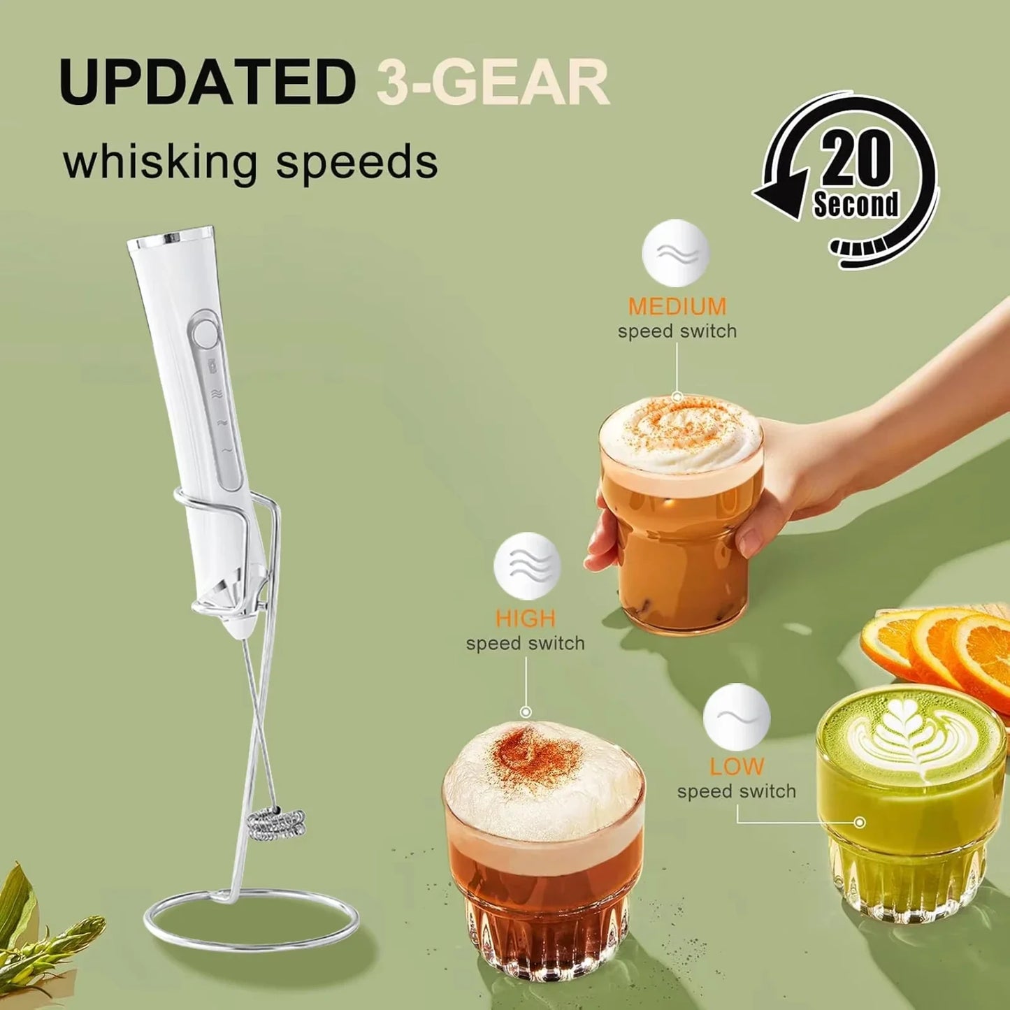Electric Milk Frother Handheld 3 Speed USB Rechargeable with Whisk and Chopper, Back to School 2026 Gift