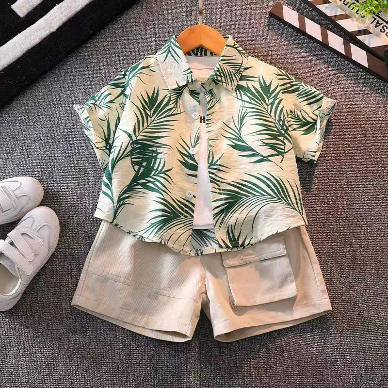 Feature focus detail of the boys floral beach shirt and shorts set - view 2
