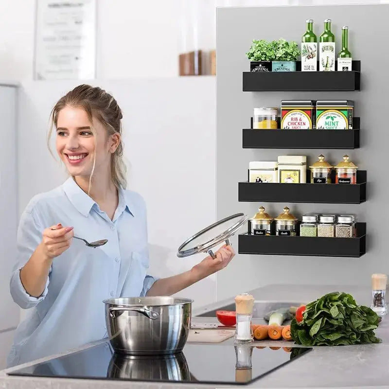 Magnetic Spice Storage Rack - Home Organizers for Refrigerator, Black Iron Kitchen Shelf