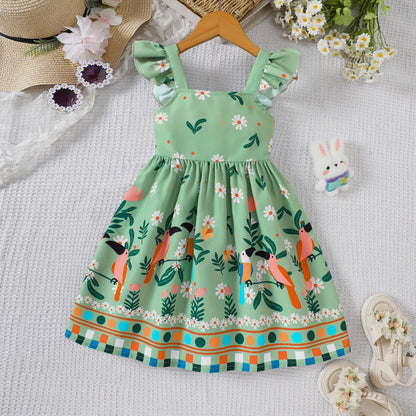 Summer dress with botanical print and flutter sleeves for girls