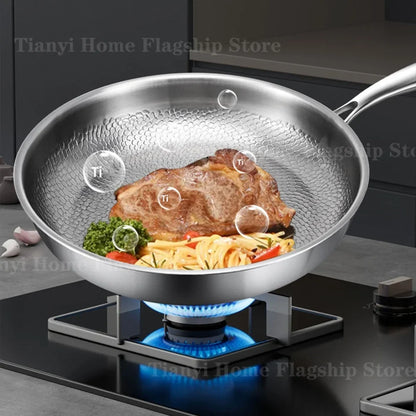 Titanium-Coated Stainless Steel Non-Stick Wok Pan – Gas and Induction Compatible Kitchen Cookware
