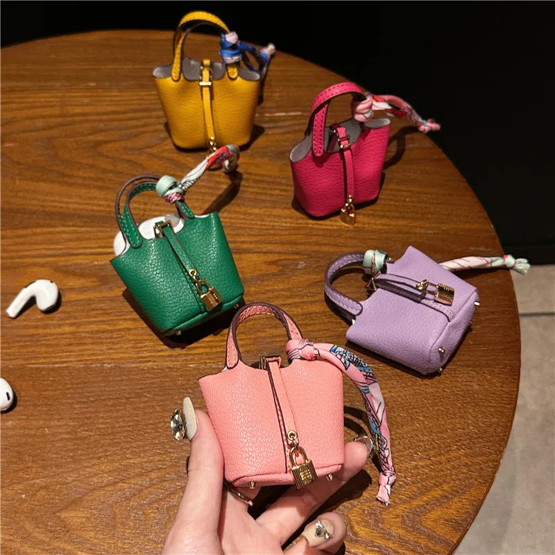 Birkin Inspired Mini Hand Bag - Leather Basket Bag Charm Keychain & Earphone Case