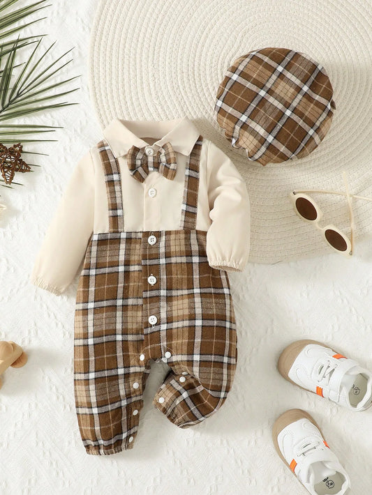Gentleman style baby boy jumpsuit with plaid suspenders bow tie and hat