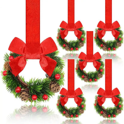 Christmas Wreaths Set Of 6 Mini Cabinet Wreaths With Red Bows Farmhouse Holiday 2025 Artificial Durable Decor