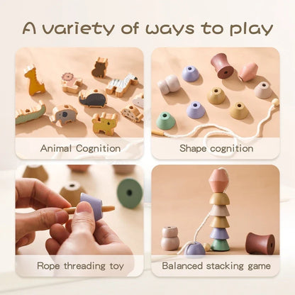 Wooden Stacking Toy Set for Babies and Toddlers, Montessori Animal Threading Toy, Educational Fine Motor Skills Development