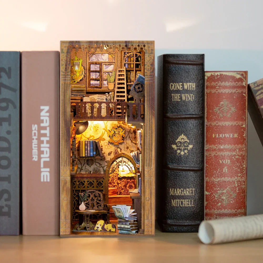 DIY Book Nook Kit Wooden Miniature Shelf Insert Roombox Dollhouse Model Holiday 2025 Cozy Library Gift
