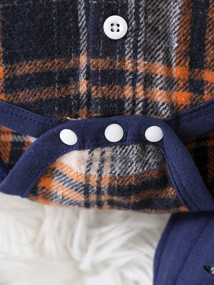 Fabric and texture detail of toddler boys plaid hooded top & overalls set