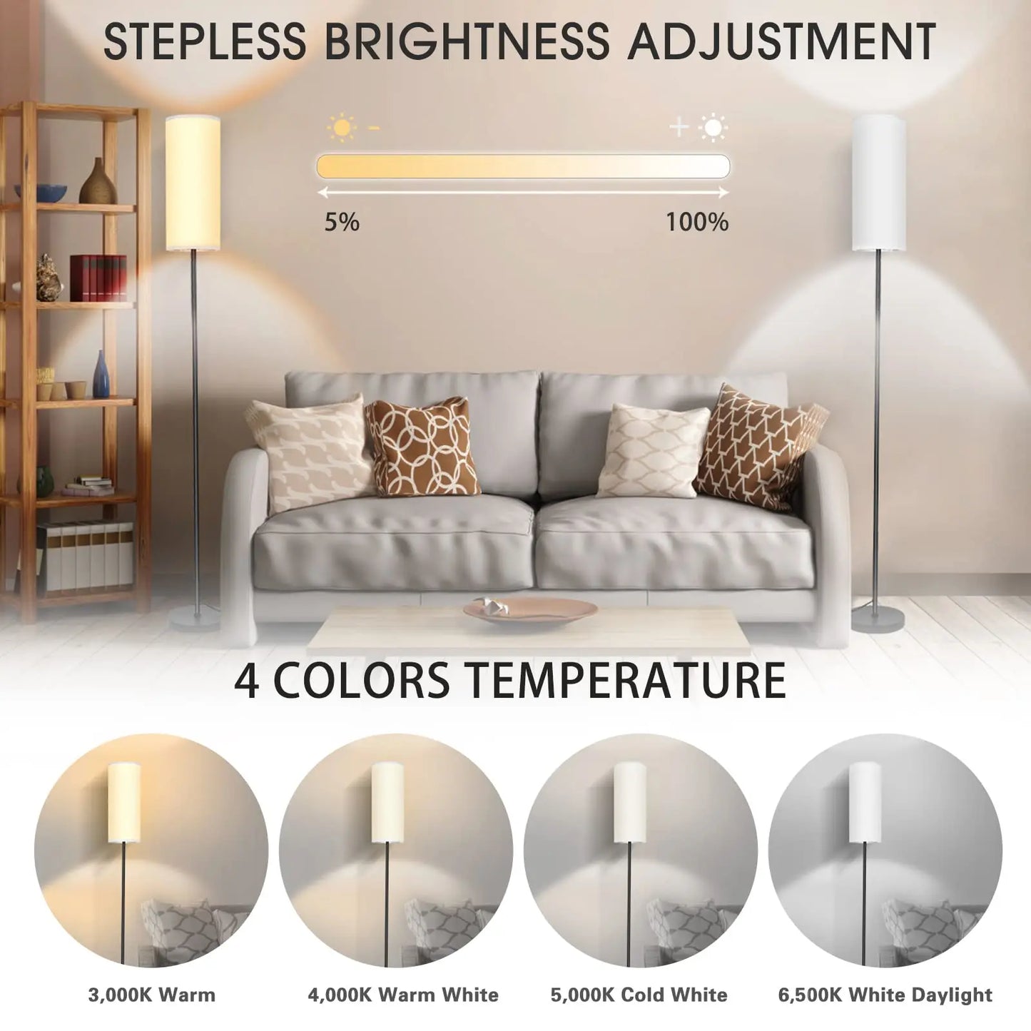 Japandi  Modern Floor Lamp With Fabric Shade Stepless Dimming