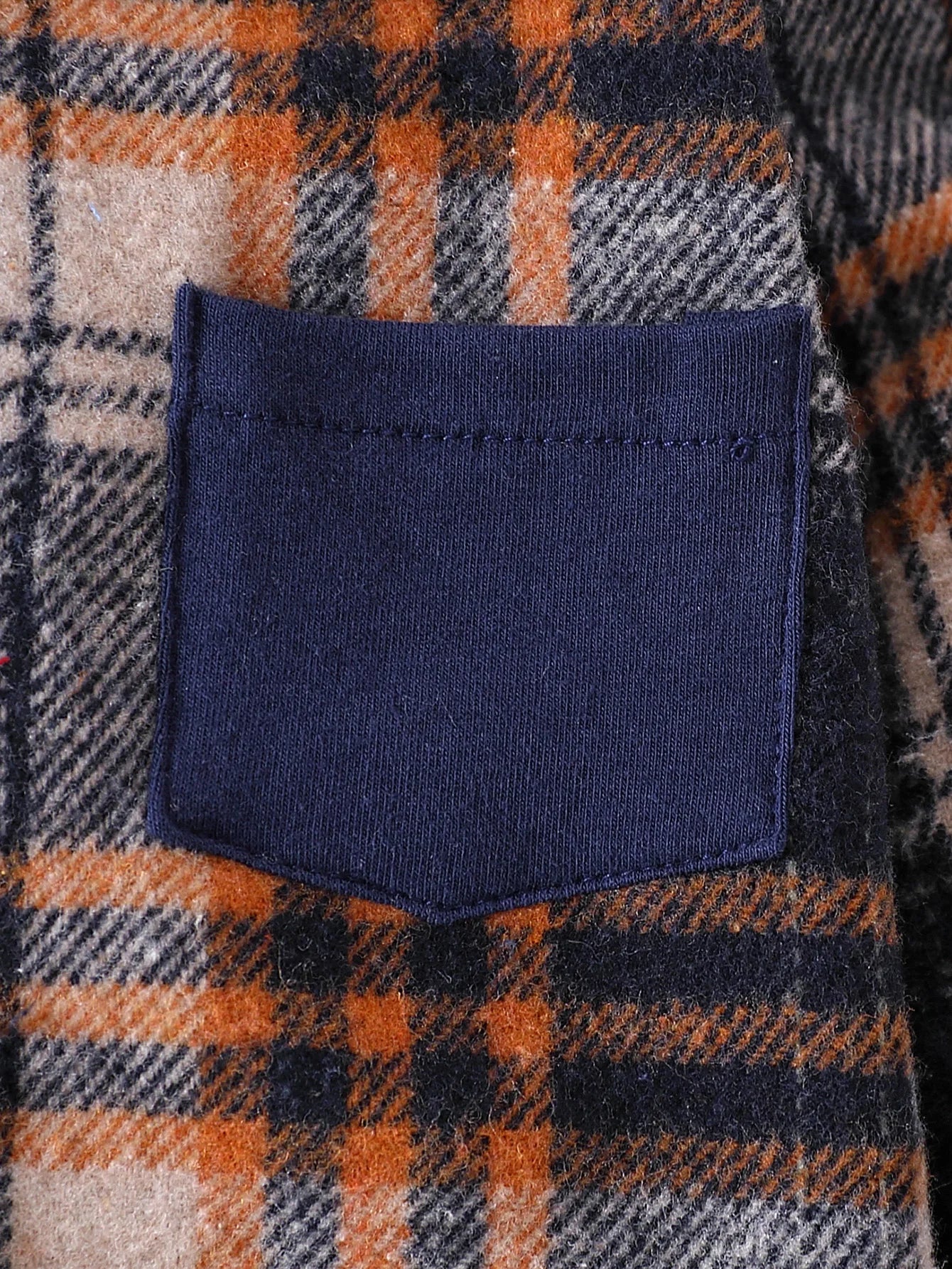 Close up detail of toddler boys plaid hooded top & overalls set