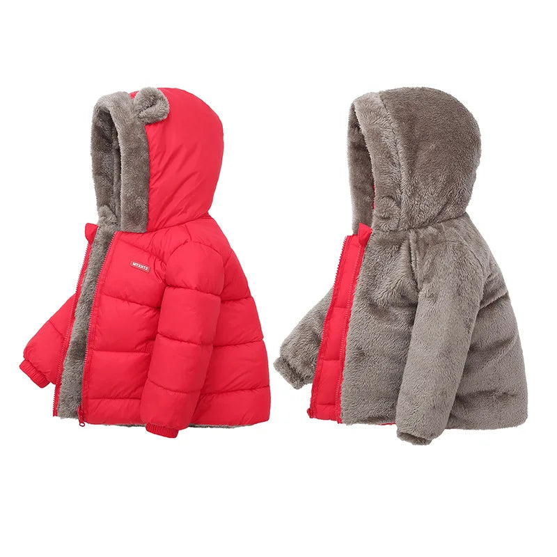 Side or lifestyle view of kids thick padded fleece winter coat