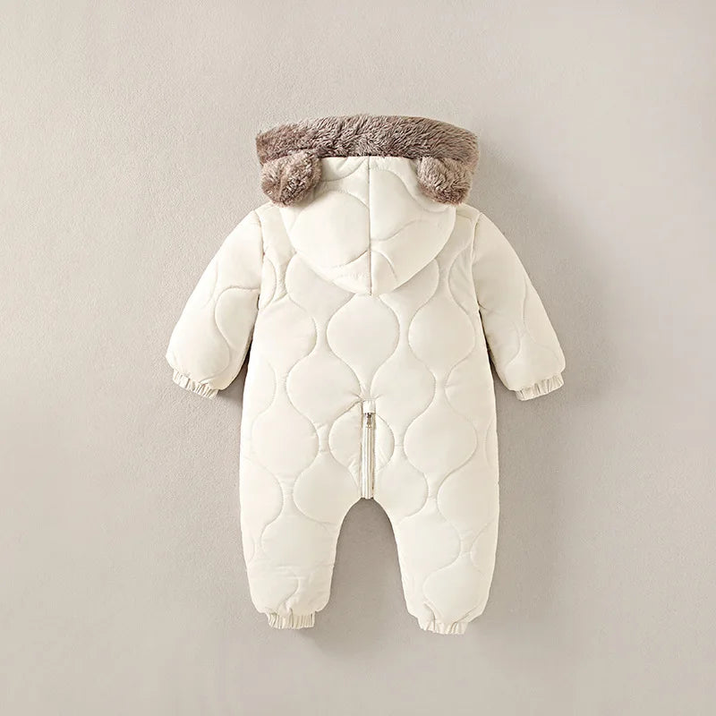 Close up detail of baby fleece lined hooded winter onesie