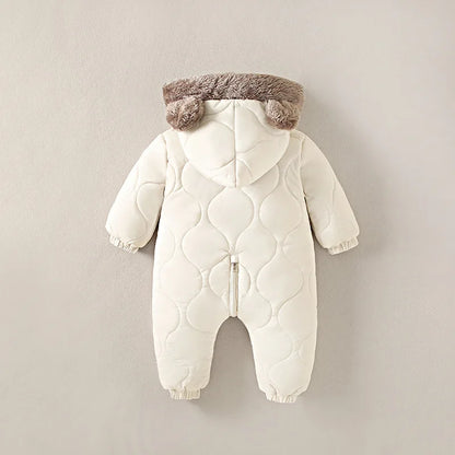 Close up detail of baby fleece lined hooded winter onesie