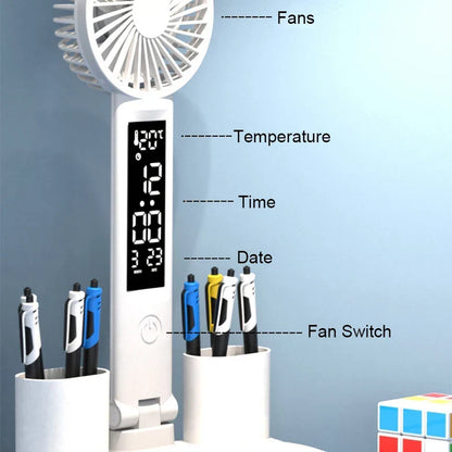 Rechargeable Desk Lamp LED With Fan And Clock Display Study Light Back To School 2025 Portable Adjustable Brightness