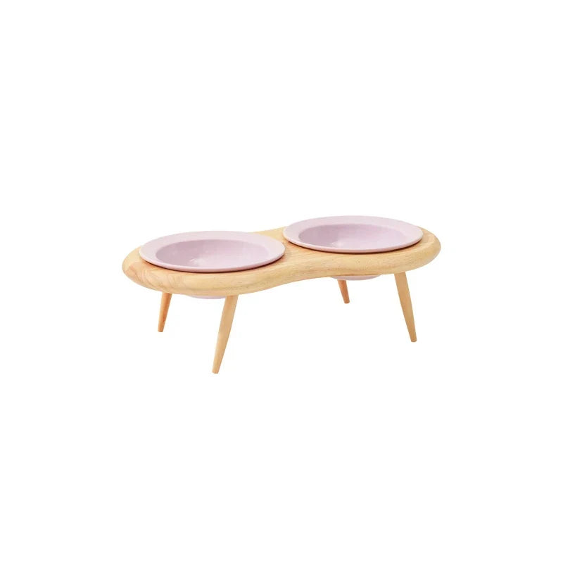Cat Ceramic Bowl Set Height Adjustable Elevated Wooden Stand Double Food Water Bowls Fall 2025 Mess Free Feeding