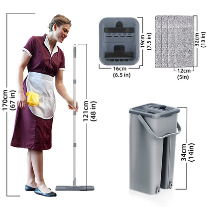 Household Cleaning Hand-Free Flat Floor Mop & Bucket Set with Washable Microfiber 4x Pads