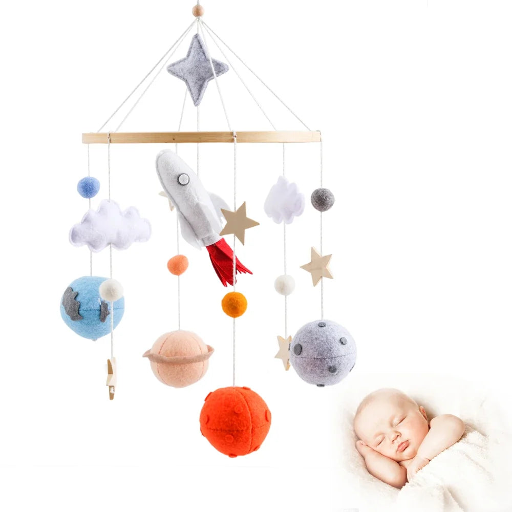 Wooden Rocket Crib Mobile Newborn Sensory Toys Soothing